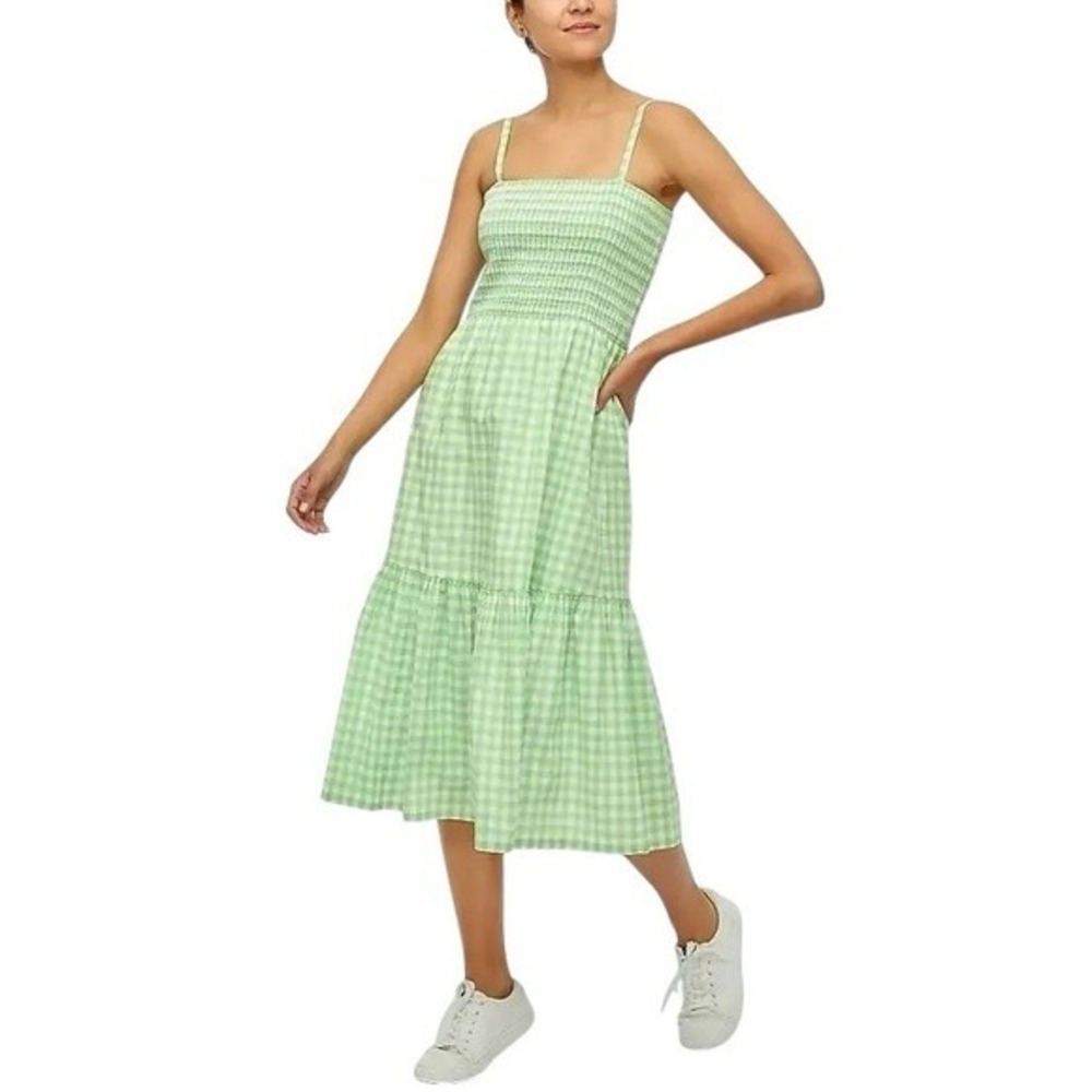 J.Crew‎ Green Gingham Smocked Tiered Boho Summer Peasant Midi Dress Large